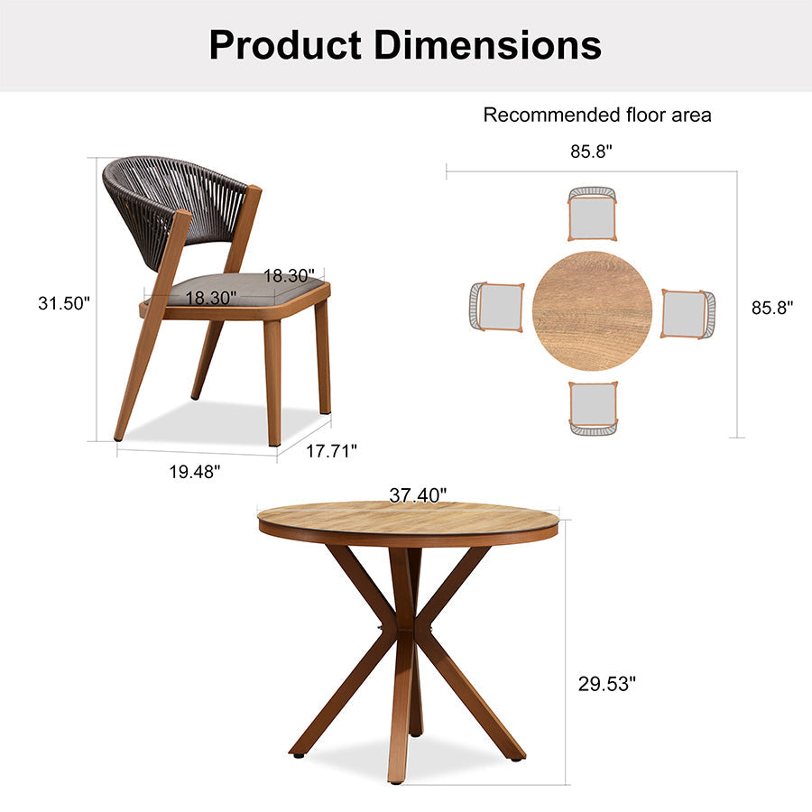 PURPLE LEAF Round Patio Dining Set with Aluminum Frame and Wicker Rattan Dining Chair with Comfortable Cushions for Deck Porch Kitchen Outdoor