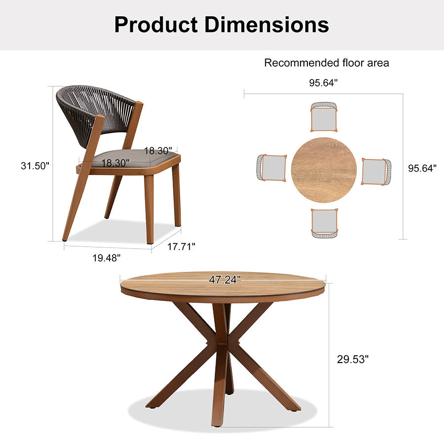PURPLE LEAF Round Patio Dining Set with Aluminum Frame and Wicker Rattan Dining Chair with Comfortable Cushions for Deck Porch Kitchen Outdoor