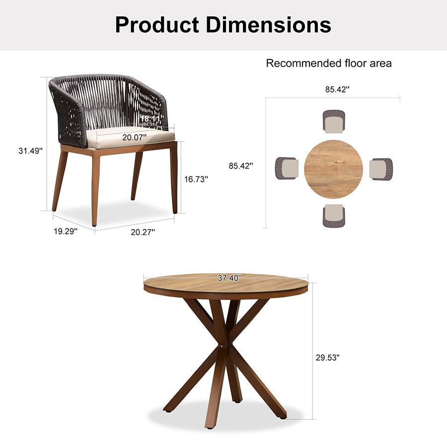PURPLE LEAF Round Patio Dining Set with Aluminum Frame and Wicker Rattan Dining Chair with Comfortable Cushions for Deck Porch Kitchen Outdoor