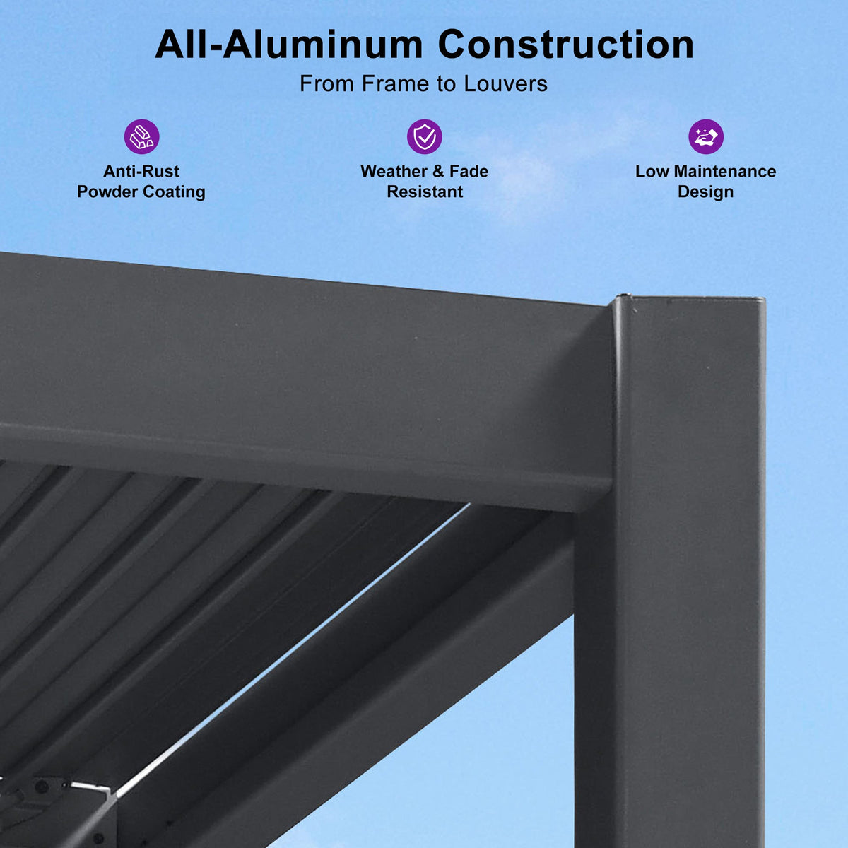 PURPLE LEAF Caesar Wall Mounted Louvered Pergola with LED String Lights, All-Aluminum Patio Cover with Adjustable Roof, Hidden Gutter Drainage, Lean-to Pergola for Deck, Backyard, Porch, Dark Gray