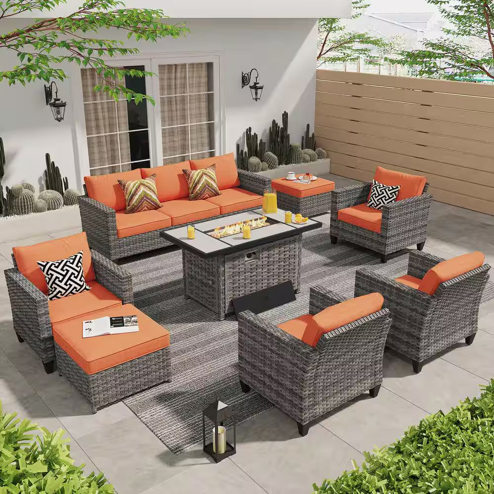 Milan Gray 8-Piece Wicker Outdoor Patio Rectangular Fire Pit Seating Sofa Set and with Orange Red Cushions