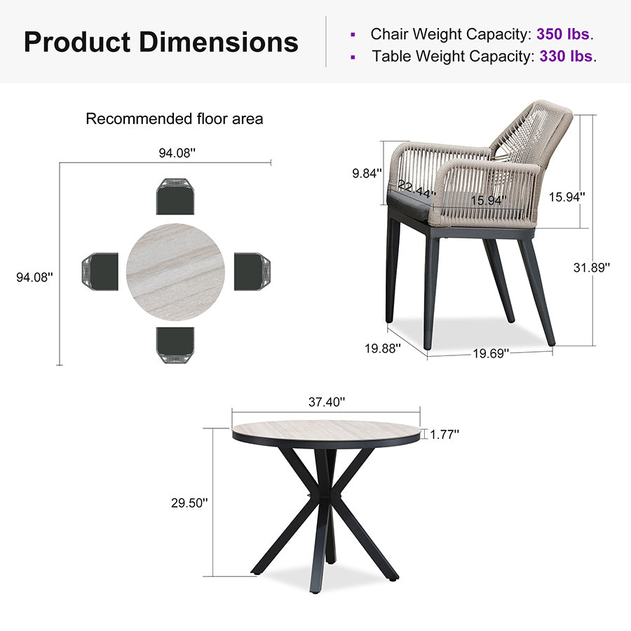 PURPLE LEAF Round Outdoor Dining Set Patio Aluminum Dining Set Round Table and Wicker Chairs with Sunbrella Cushions for Kitchen Deck