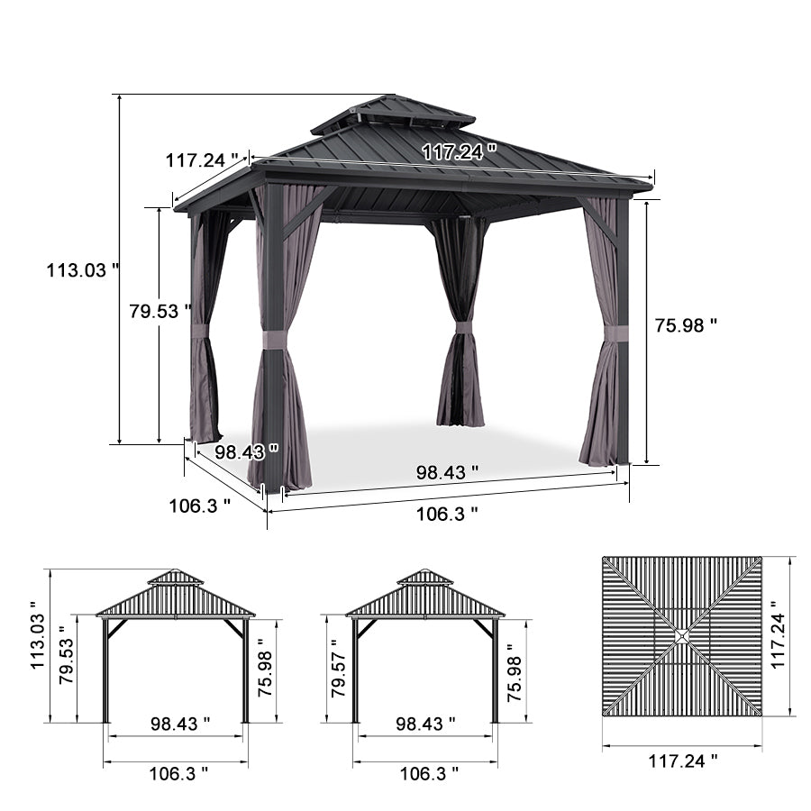 PURPLE LEAF Grey Hardtop Gazebo with Heavy Duty Galvanized Steel Double Roof with String Lights-clear