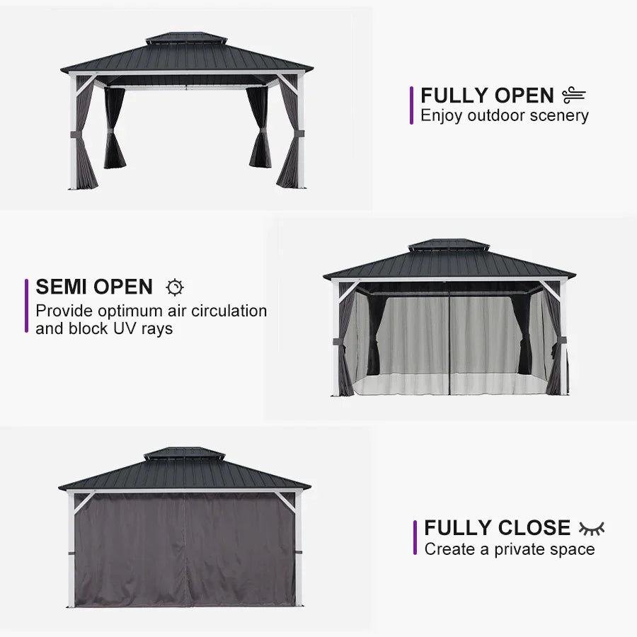 PURPLE LEAF Modern Gazebo Grey Hardtop Galvanized Steel Double Roof White Aluminum Poles with Curtains and Netting with Lights-milky