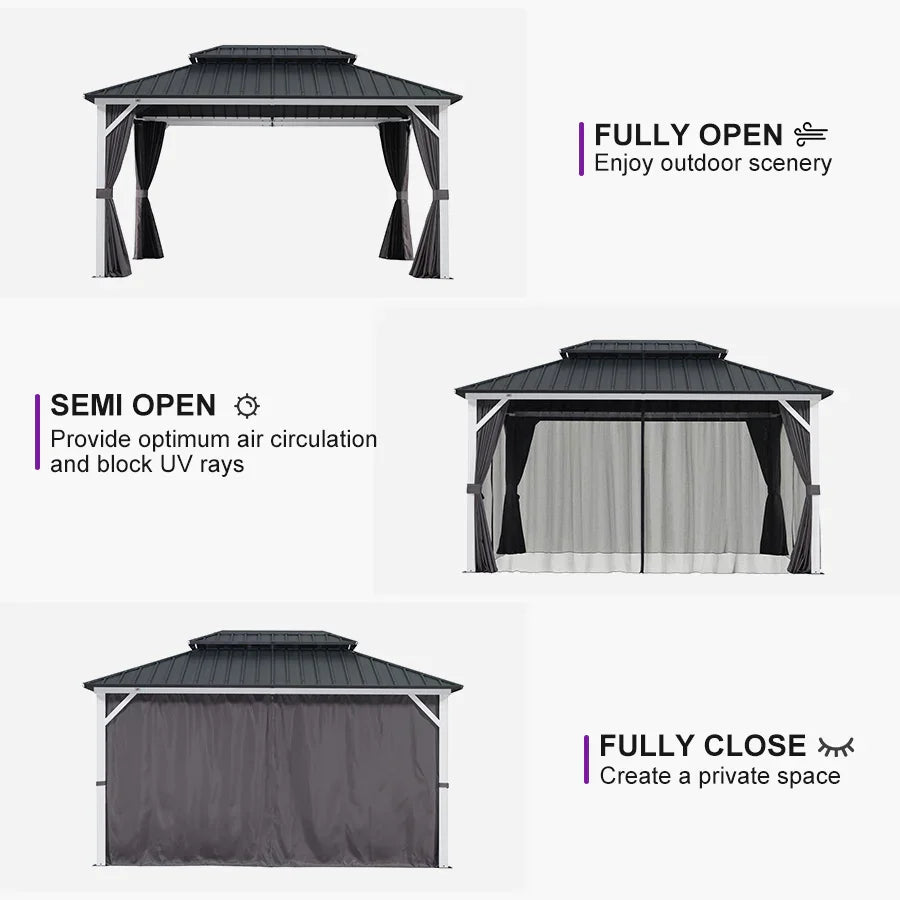 PURPLE LEAF Modern Gazebo Grey Hardtop Galvanized Steel Double Roof White Aluminum Poles with Curtains and Netting