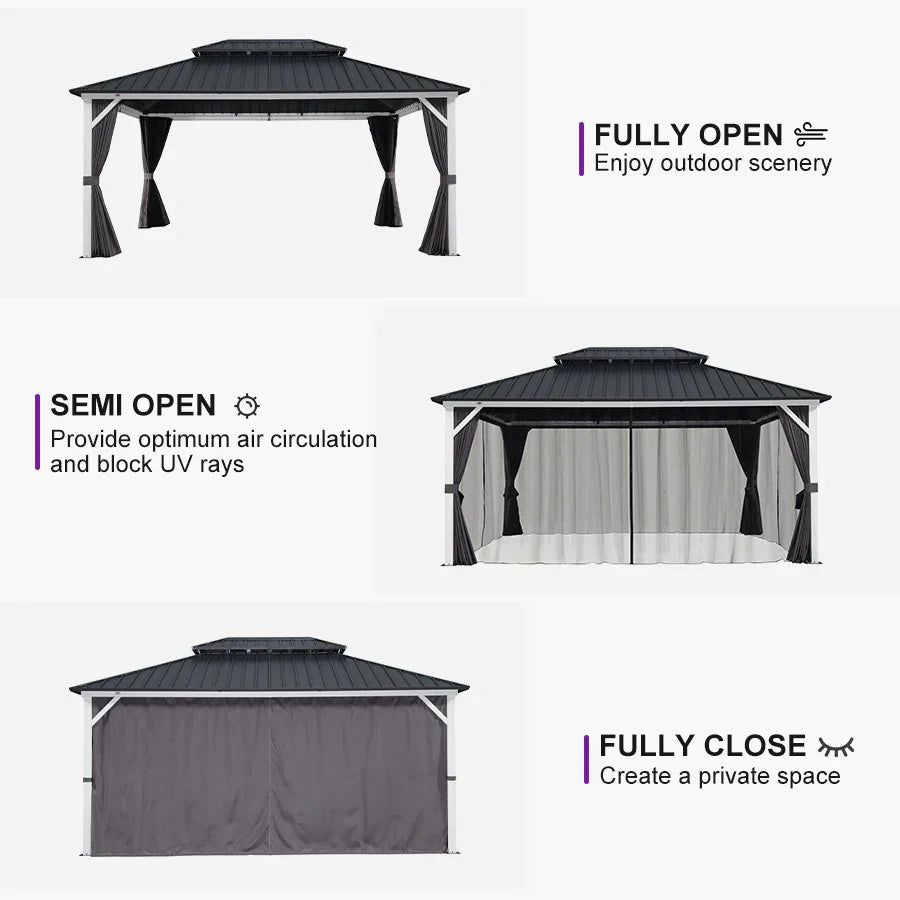 PURPLE LEAF Modern Gazebo Grey Hardtop Galvanized Steel Double Roof White Aluminum Poles with Curtains and Netting with Lights-clear
