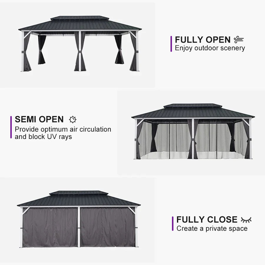 PURPLE LEAF Modern Gazebo Grey Hardtop Galvanized Steel Double Roof White Aluminum Poles with Curtains and Netting with Lights-clear
