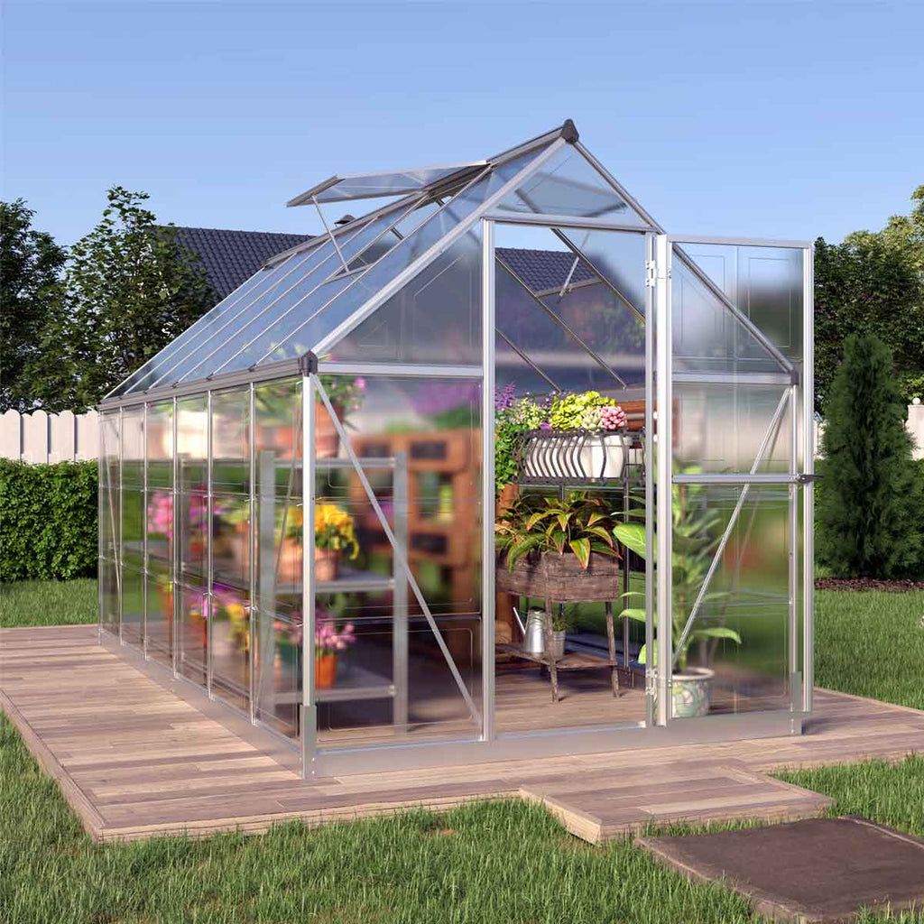 6' x 12' Crystal Clear Greenhouse, Aluminum Frame, Integrated Gutter System, Roof Vents, TMG-GH612