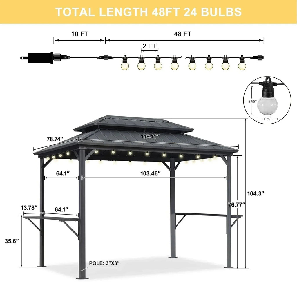 PURPLE LEAF Hardtop Grill Gazebo for Patio Grey Permanent Metal Roof Outside Sun Shade Outdoor BBQ Canopy with String Lights