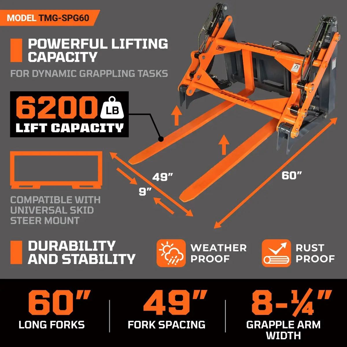60" Four-Cylinder Pallet Fork Pipe Grapple, 6200-lb Lift Capacity, ITA Class III Forged Tines, Skid Steer Mount, TMG-SPG60