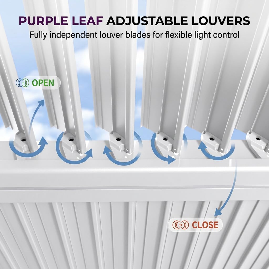 PURPLE LEAF Caesar LED Louvered Pergola with Integrated Solar Strip Lights Adjustable Aluminum Louvers Wind Resistant Pergolas for Patio Dining Deck Garden Yard White