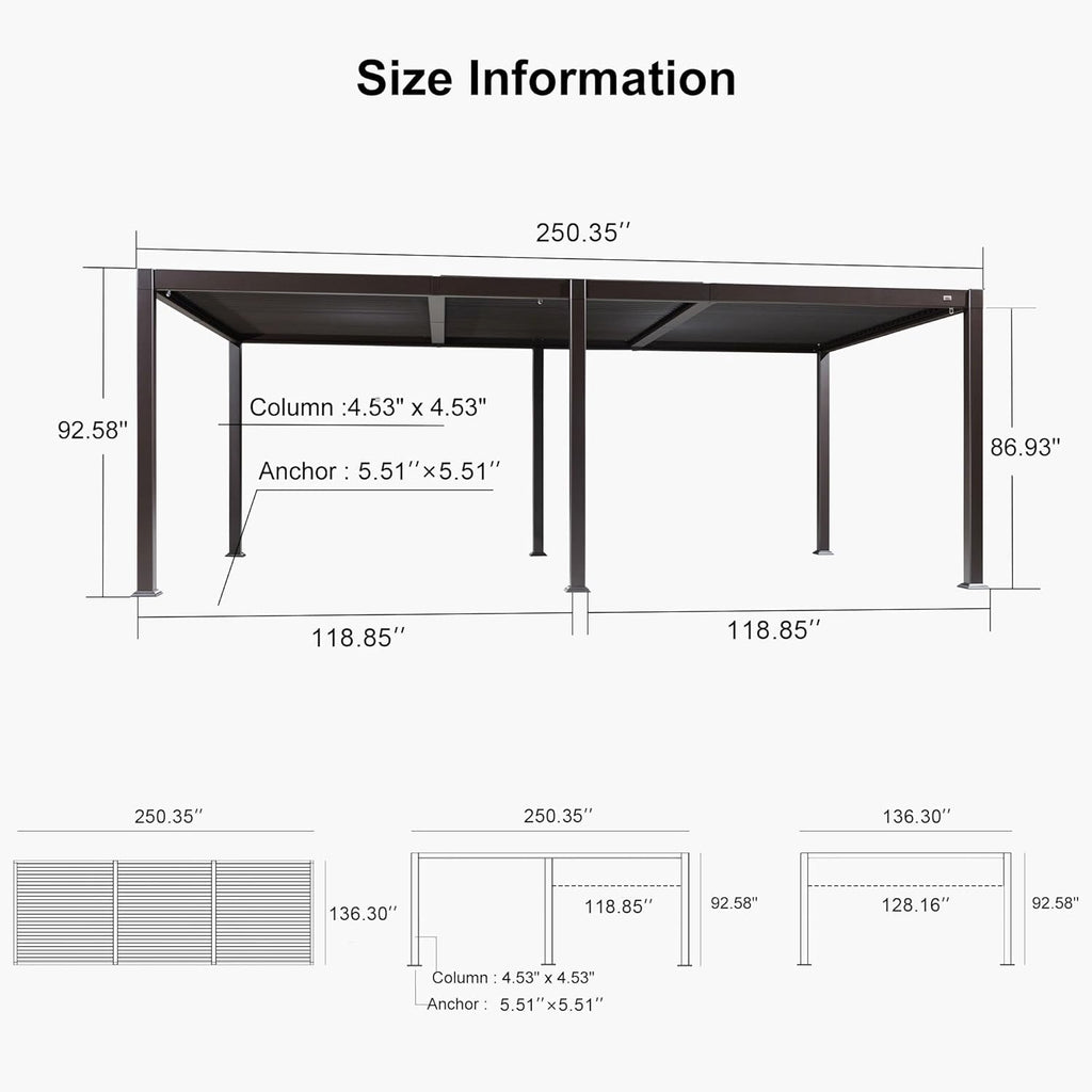 PURPLE LEAF Caesar Solar Louvered Pergola with LED Strip Lights and Control Panel Aluminum Outdoor Pergola with Adjustable Roof for Patio Deck Garden Yard Bronze