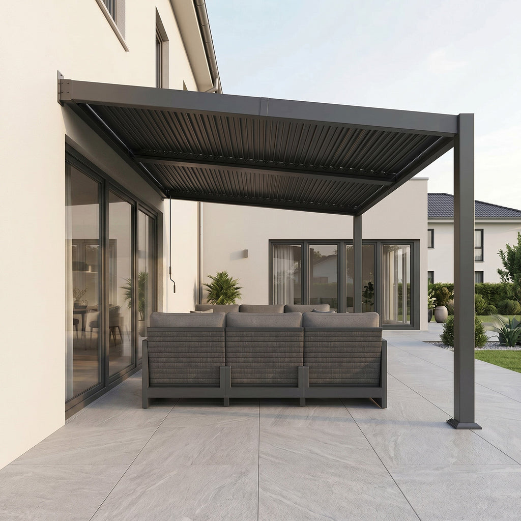PURPLE LEAF Caesar Wall Mounted Louvered Pergola with LED String Lights, All-Aluminum Patio Cover with Adjustable Roof, Hidden Gutter Drainage, Lean-to Pergola for Deck, Backyard, Porch, Dark Gray