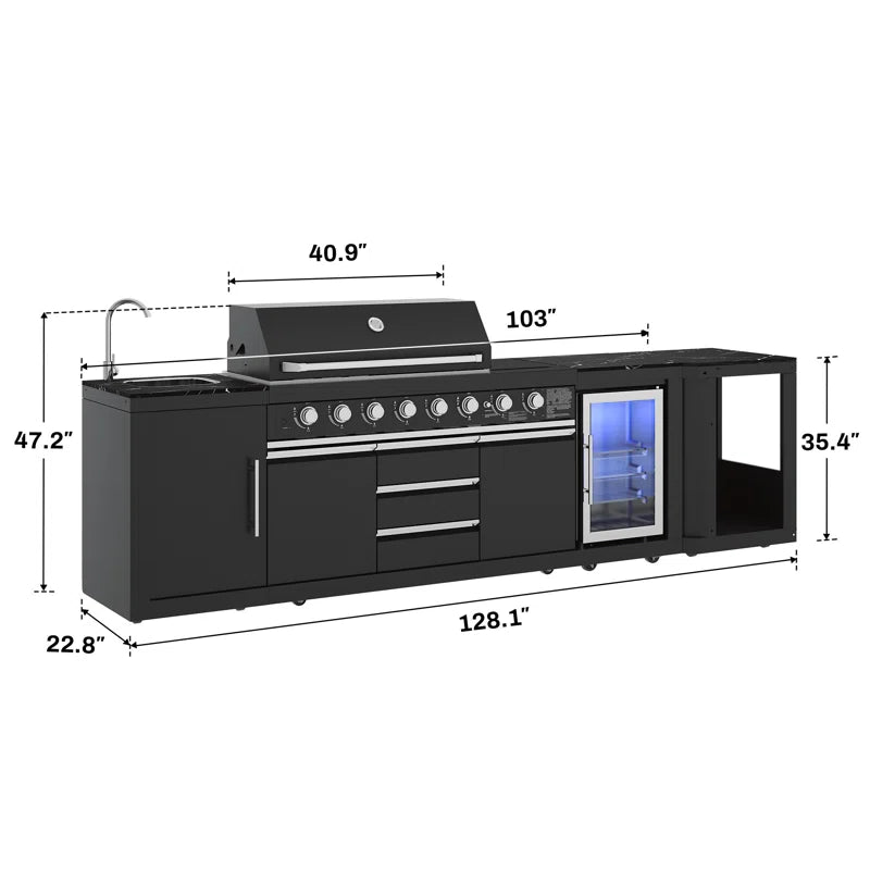 Akoah – Ensemble îlot de cuisine extérieure modulaire 4 pièces avec barbecue 8 brûleurs, réfrigérateur et roulettes