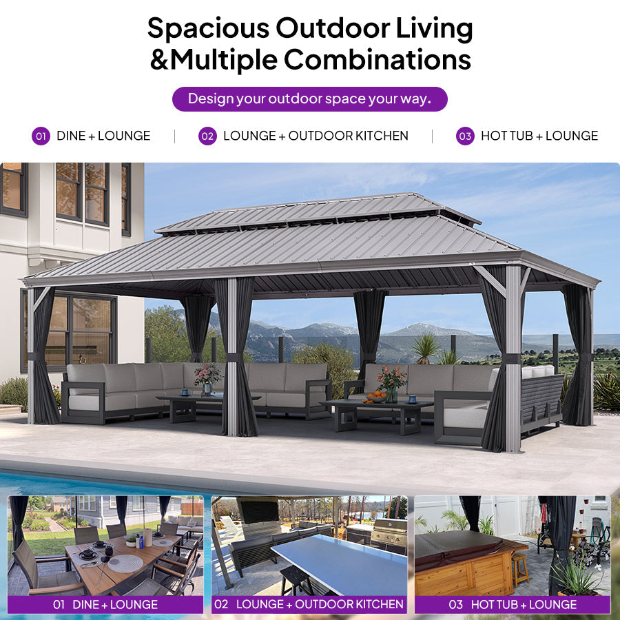 PURPLE LEAF Patio Gazebo for Pool Light Grey Hardtop Galvanized Steel Roof with String Lights-milky
