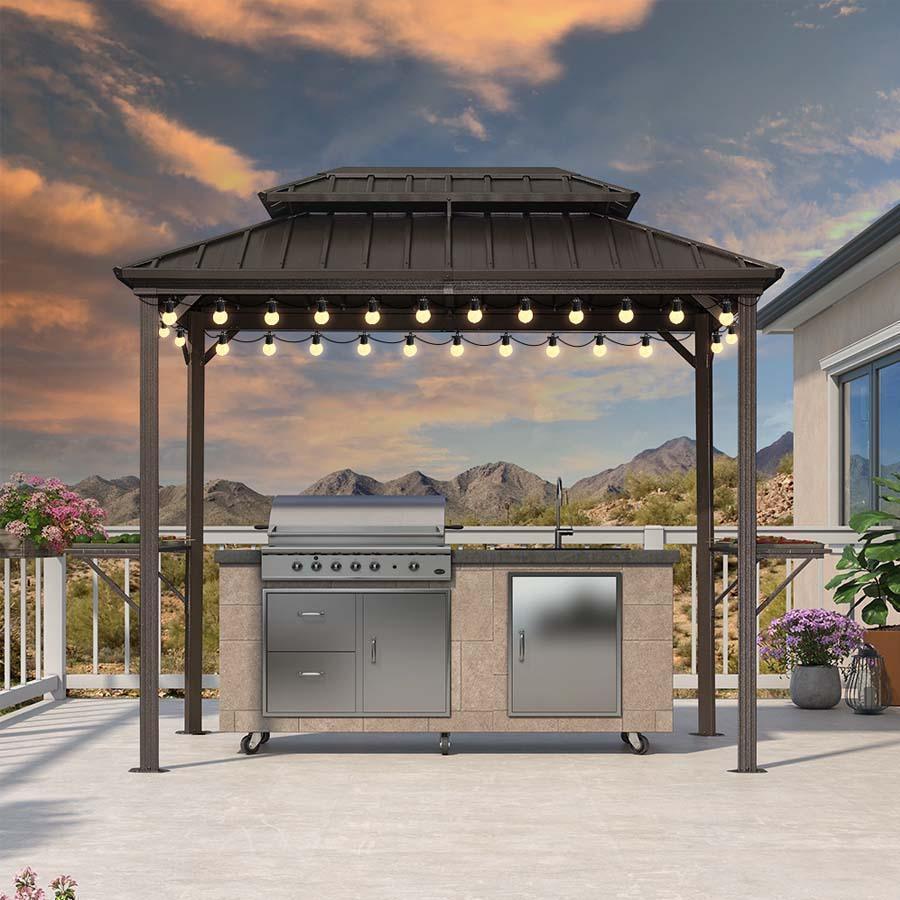 PURPLE LEAF Hardtop Grill Gazebo for Patio Bronze Permanent Metal Roof Outside Sun Shade Outdoor BBQ Canopy with String Lights