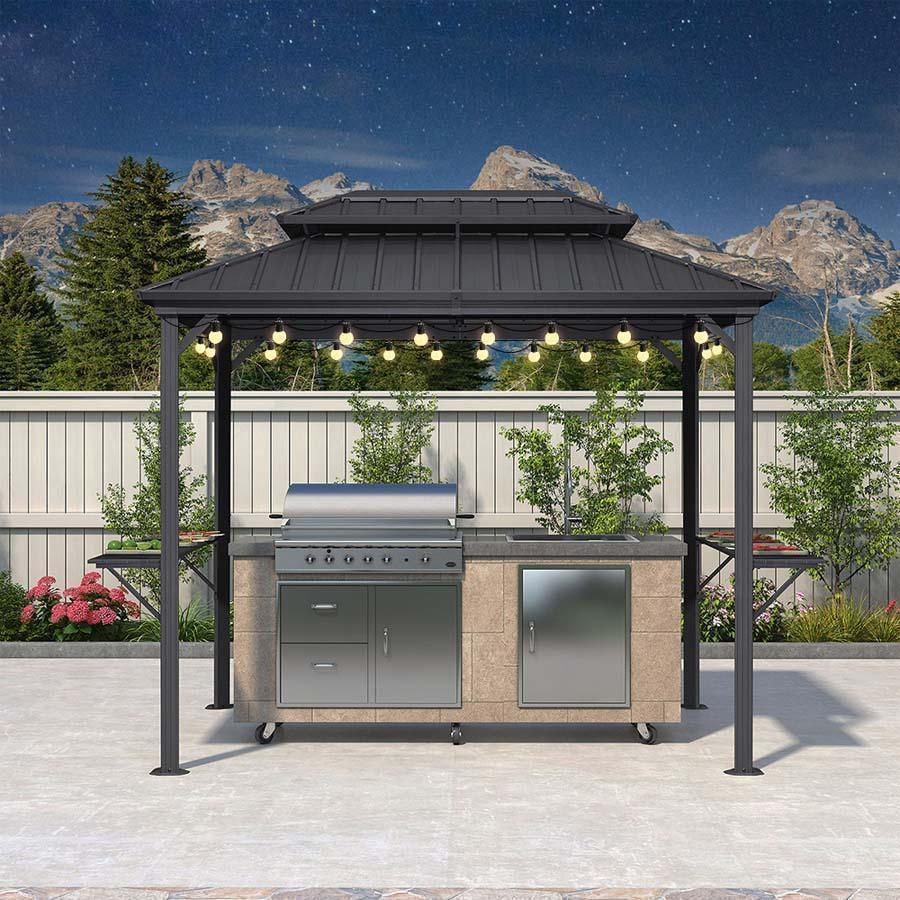 PURPLE LEAF Hardtop Grill Gazebo for Patio Grey Permanent Metal Roof Outside Sun Shade Outdoor BBQ Canopy with String Lights