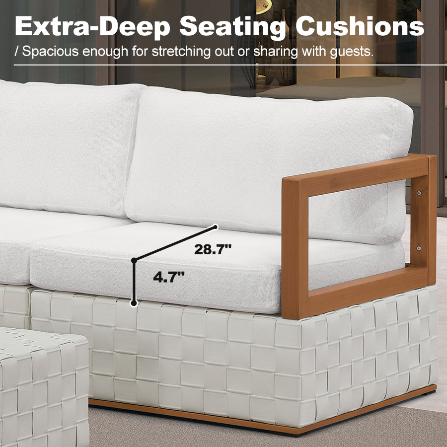PURPLE LEAF Griffin U-shaped Patio Conversation Set White with Cushion Pillows Ottoman and Premium Leather for Gathering Entertaining