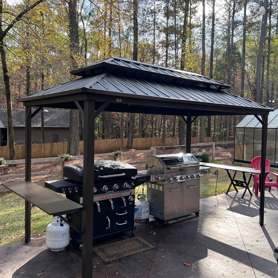 PURPLE LEAF Hardtop Grill Gazebo for Patio Bronze Permanent Metal Roof Outside Sun Shade Outdoor BBQ Canopy with String Lights