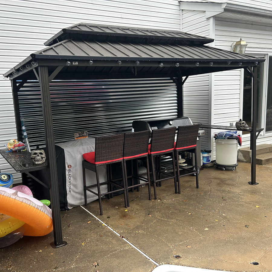 PURPLE LEAF Hardtop Grill Gazebo for Patio Bronze Permanent Metal Roof Outside Sun Shade Outdoor BBQ Canopy with String Lights