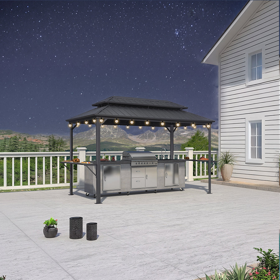 PURPLE LEAF Hardtop Grill Gazebo for Patio Grey Permanent Metal Roof Outside Sun Shade Outdoor BBQ Canopy with String Lights