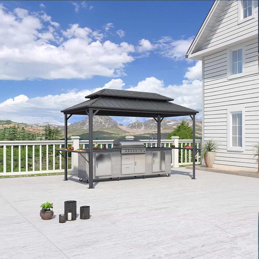 PURPLE LEAF Hardtop Grill Gazebo for Patio Grey Permanent Metal Roof Outside Sun Shade Outdoor BBQ Canopy