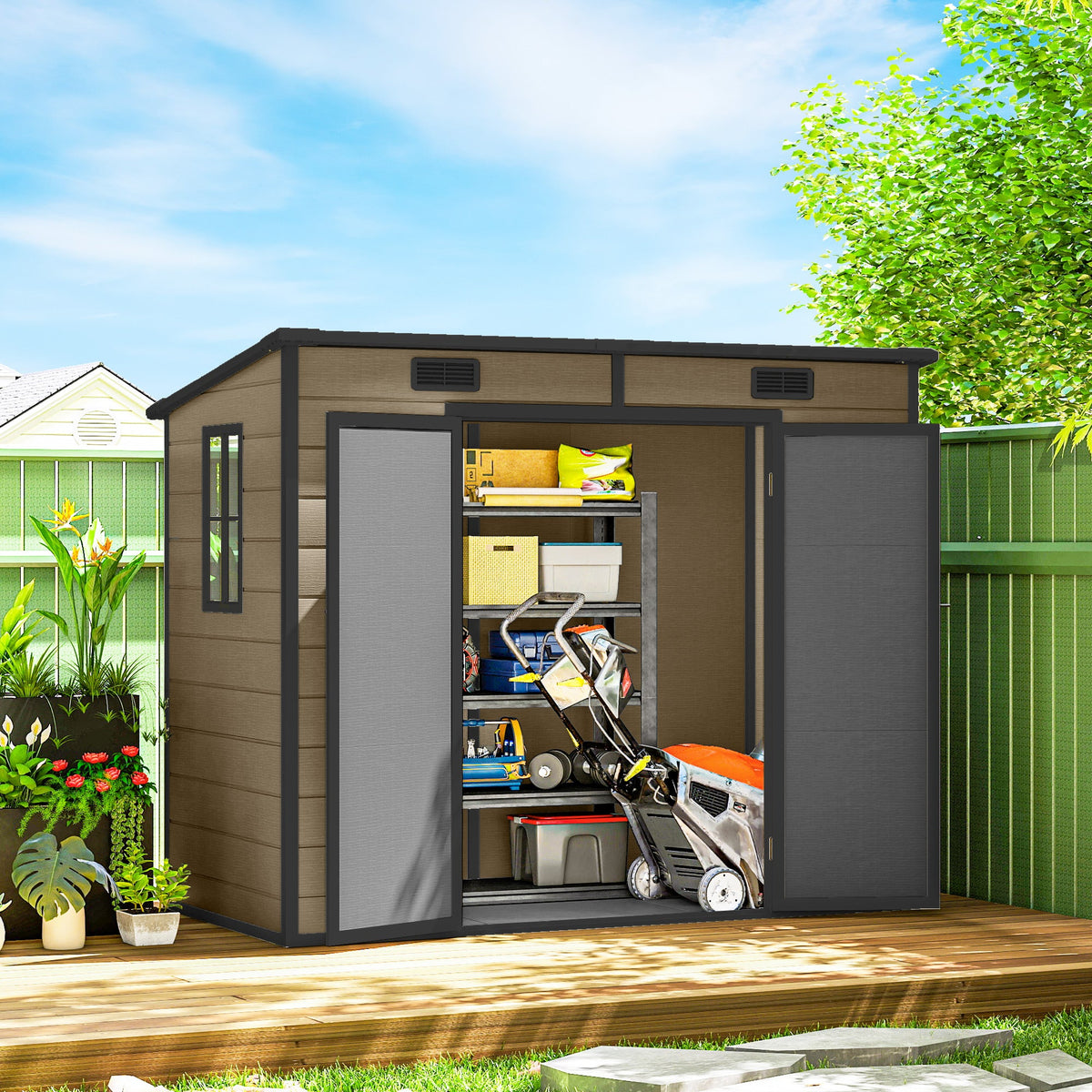 EverBase 8' x 4' Outdoor Storage Shed with Window, Lockable Doors and Vents, Light Brown