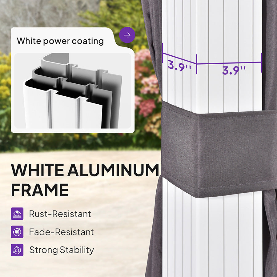PURPLE LEAF Modern Gazebo Grey Hardtop Galvanized Steel Double Roof White Aluminum Poles with Curtains and Netting with Lights-clear