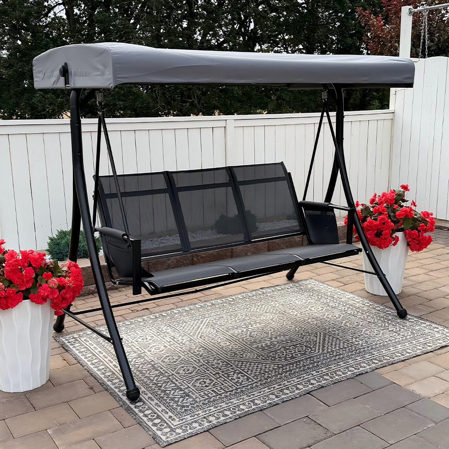 PURPLE LEAF Porch Swing with Adjustable Tilt Canopy Patio Swing with Stand and Meatl Steel Frame All-Weather Outdoor Swing Chair Seat Space-Saving for Backyard Garden Deck