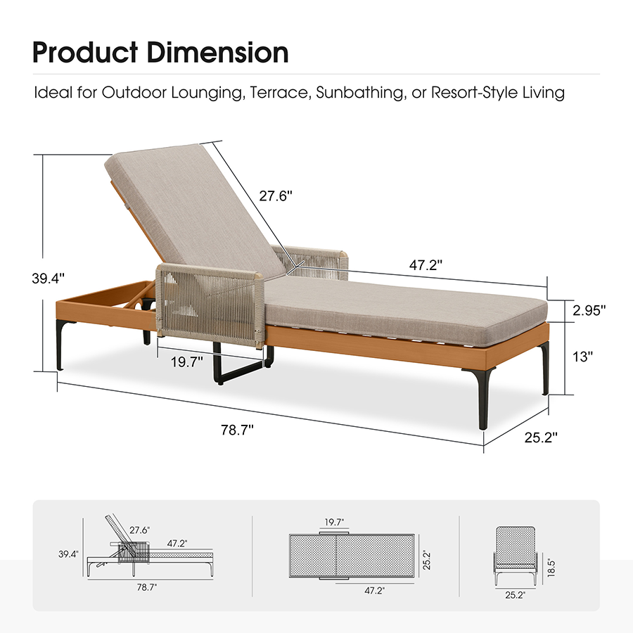PURPLE LEAF Outdoor Chaise Lounge Sunbrella Patio Lounge Chair Recliner and Cushion for Poolside Balcony Backyard