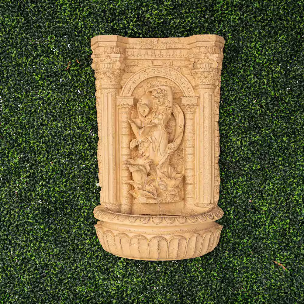 XBrand 30.3" Solar Waterfall Pot Fountain, Tall Brown Maiden Holding Pot Wall Fountain, Outdoor Water Fountain, Polyresin