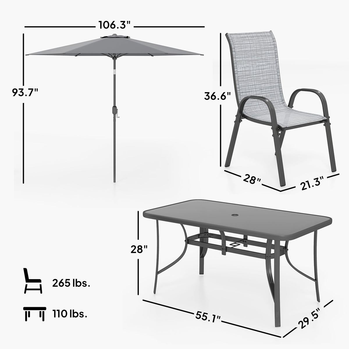 8-Piece Patio Dining Set with 9 Ft Umbrella, Mixed Gray