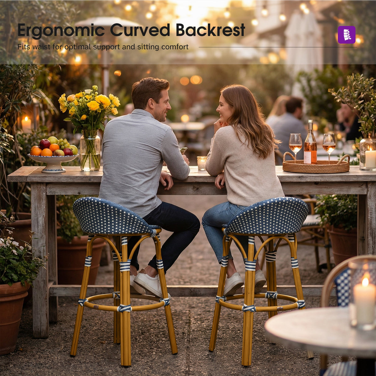 PURPLE LEAF Patio Oversized Backrest Bar Height Stool Set of 2 Outdoor Round Barstools Aluminum Frame Woven Rattan for Indoor Kitchen Dining Bistros Cafe Restaurant