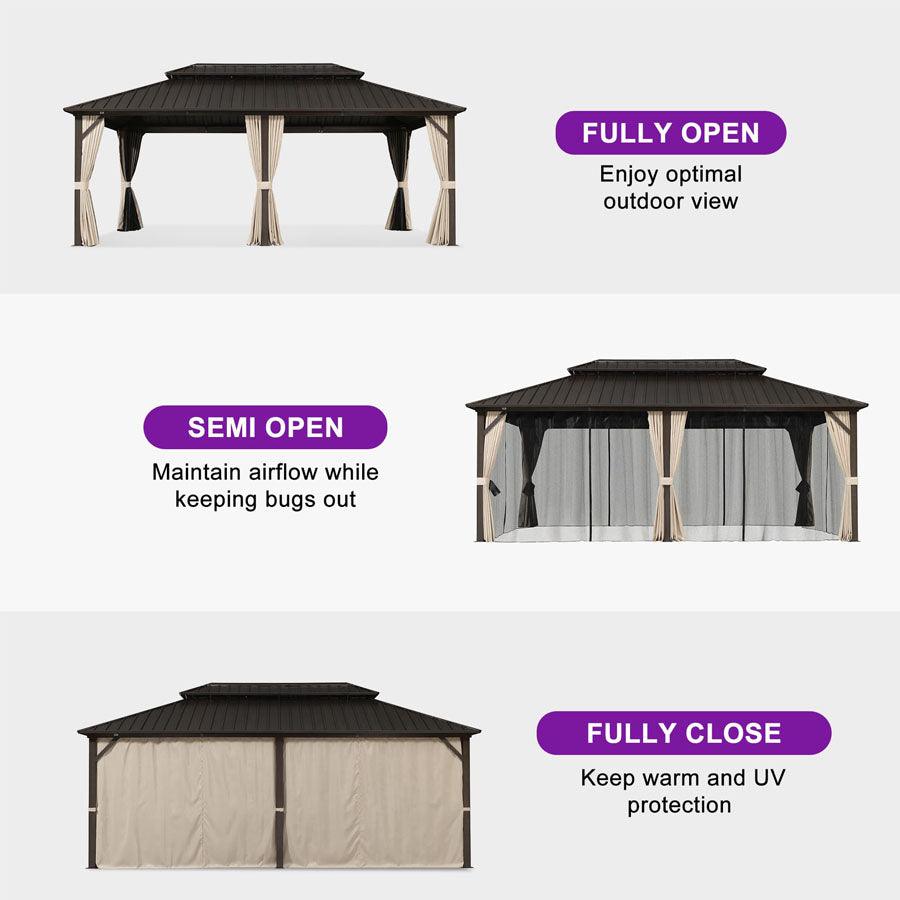 PURPLE LEAF Hardtop Gazebo Featuring Galvanized Steel Double Roof and Bronze Aluminum Frame with Curtains and Netting for Backyard with Lights-milky