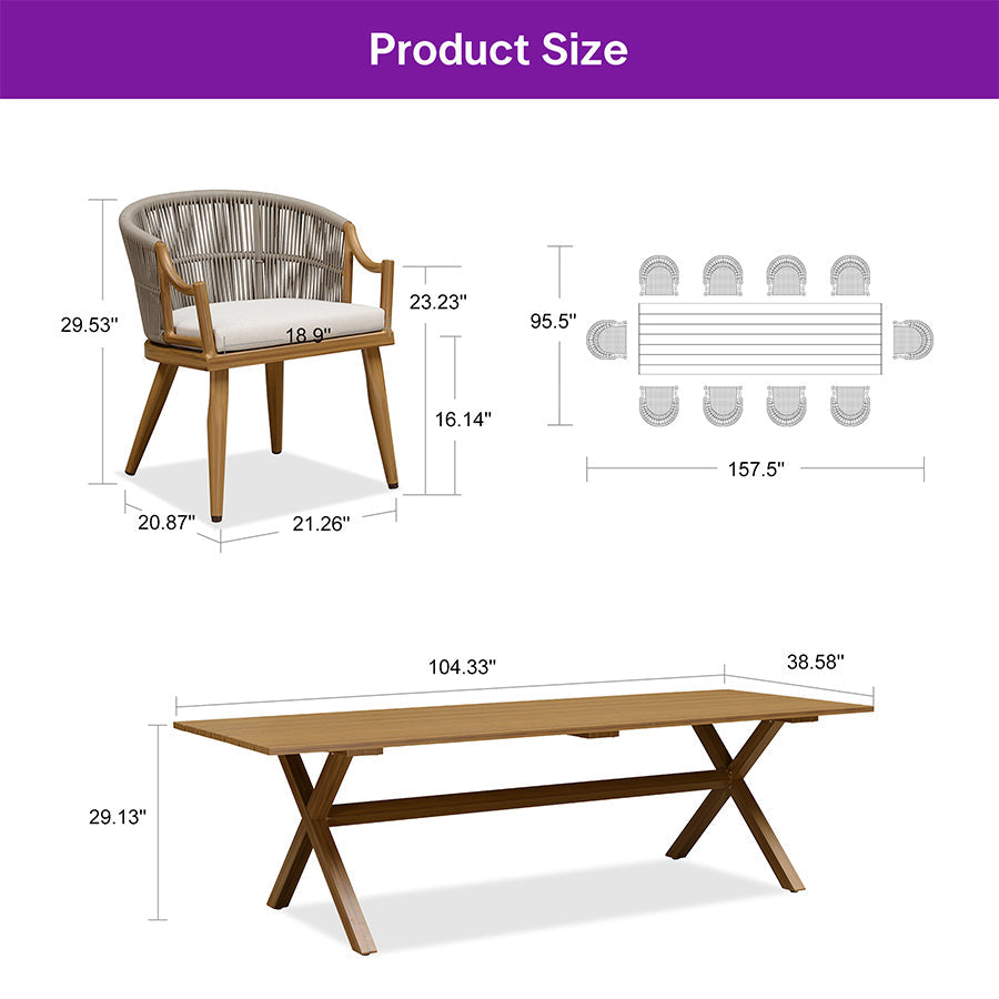 PURPLE LEAF Outdoor Dining Set All Weather Wicker Patio Dining Set with Rectangular Aluminum Table and Modern Armrest Dining Chairs for Garden Deck Backyard Kitchen