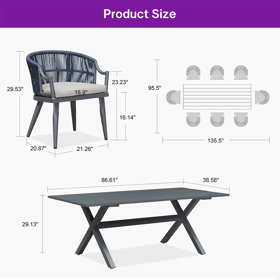 PURPLE LEAF Outdoor Dining Set All Weather Wicker Patio Dining Set with Rectangular Aluminum Table and Modern Armrest Dining Chairs for Garden Deck Backyard Kitchen