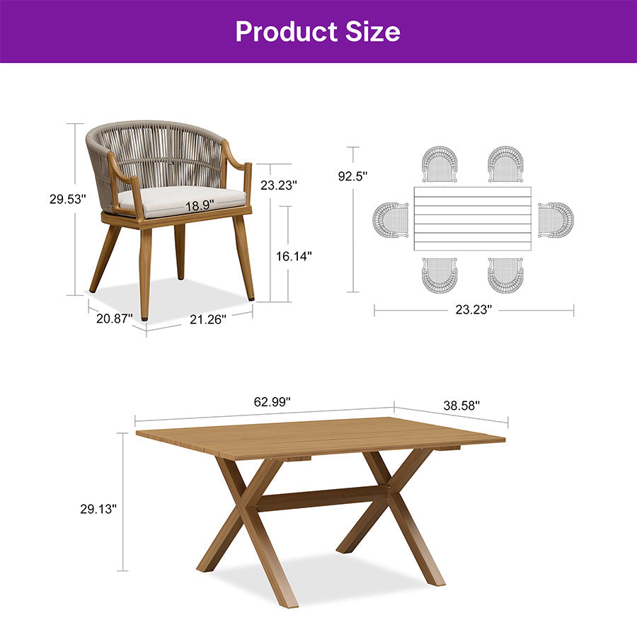 PURPLE LEAF Outdoor Dining Set All Weather Wicker Patio Dining Set with Rectangular Aluminum Table and Modern Armrest Dining Chairs for Garden Deck Backyard Kitchen