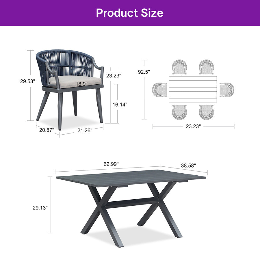 PURPLE LEAF Outdoor Dining Set All Weather Wicker Patio Dining Set with Rectangular Aluminum Table and Modern Armrest Dining Chairs for Garden Deck Backyard Kitchen