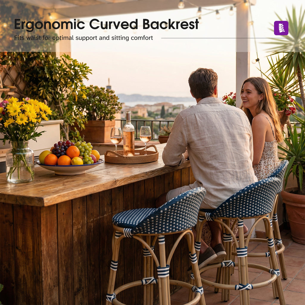 PURPLE LEAF Patio Oversized Backrest Bar Height Stool Set of 2 Outdoor Round Barstools Aluminum Frame Woven Rattan for Indoor Kitchen Dining Bistros Cafe Restaurant