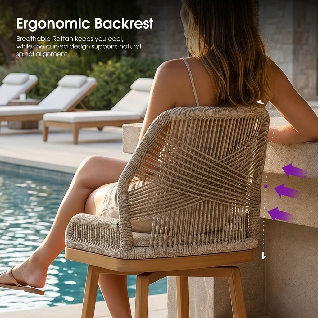PURPLE LEAF Outdoor Swivel Bar Stools Set of 2 Patio 360° Rotating All-Weather Wicker Stools with Back and Cushion for Outside Backyard Kitchen Bistro Garden Bar