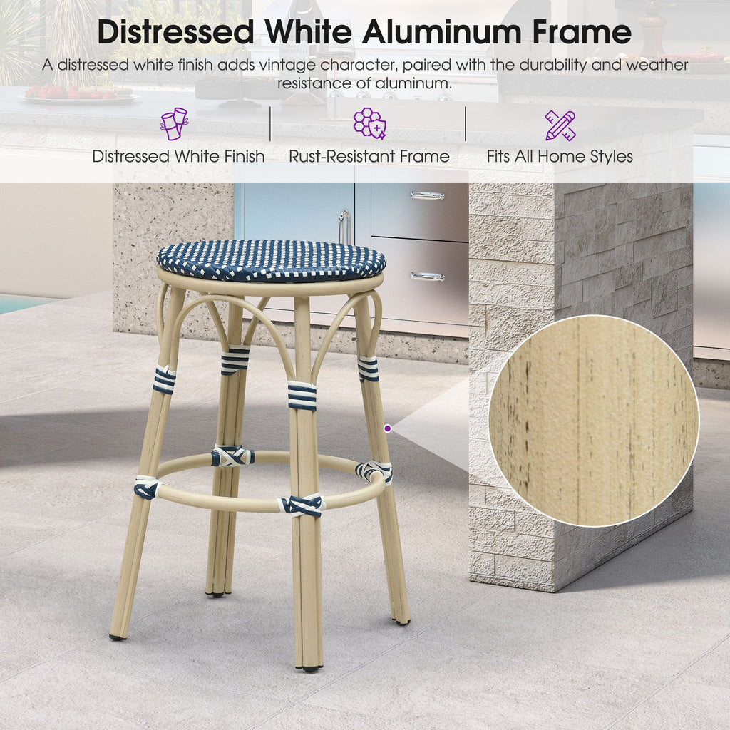 PURPLE LEAF Patio French Round Counter Stool Set of 2 Rattan Backless Stackable Barstools Aluminum Frame Footrest with Woven Wicker for Outdoor Kitchen Yard