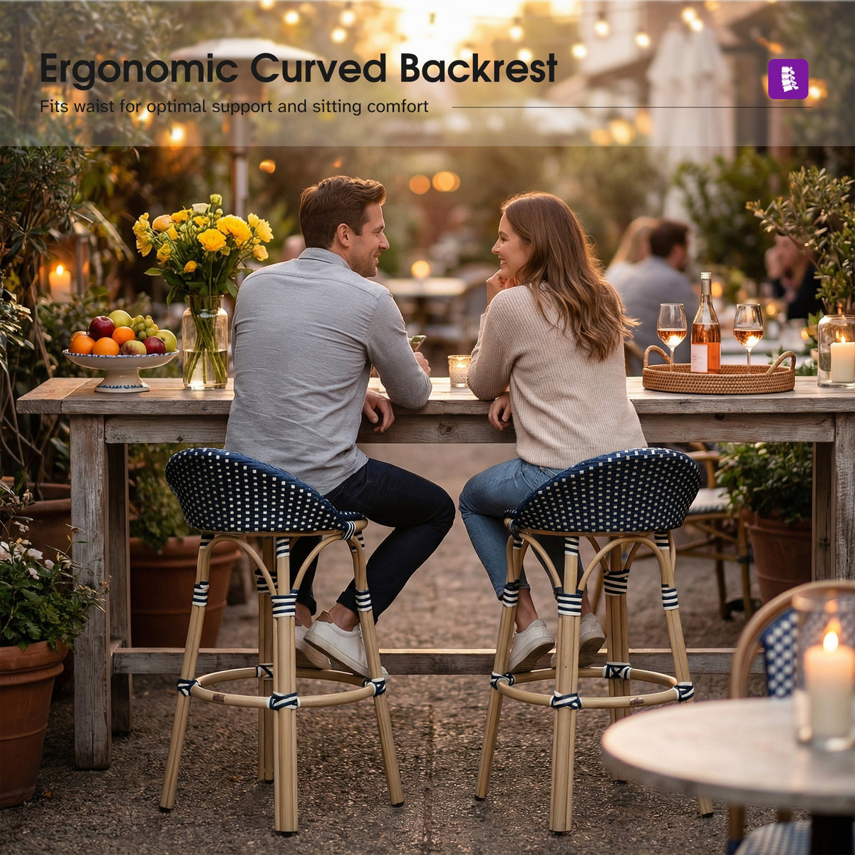 PURPLE LEAF Patio Oversized Backrest Bar Height Stool Set of 2 Outdoor Round Barstools Aluminum Frame Woven Rattan for Indoor Kitchen Dining Bistros Cafe Restaurant