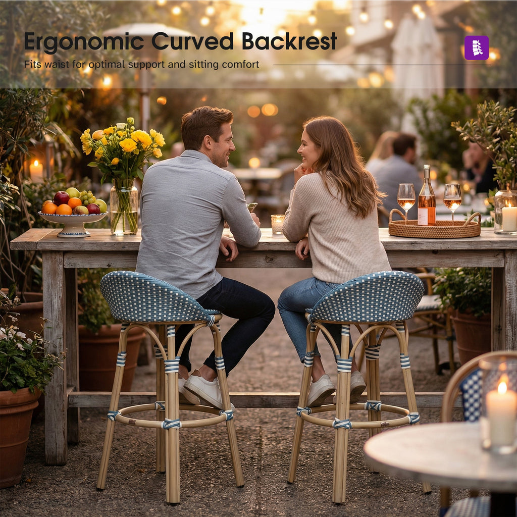 PURPLE LEAF Patio Oversized Backrest Bar Height Stool Set of 2 Outdoor Round Barstools Aluminum Frame Woven Rattan for Indoor Kitchen Dining Bistros Cafe Restaurant