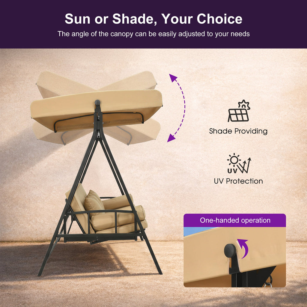 PURPLE LEAF Porch Swing with Adjustable Tilt Canopy Patio Swing with Stand and Meatl Steel Frame All-Weather Outdoor Swing Chair Seat Space-Saving for Backyard Garden Deck