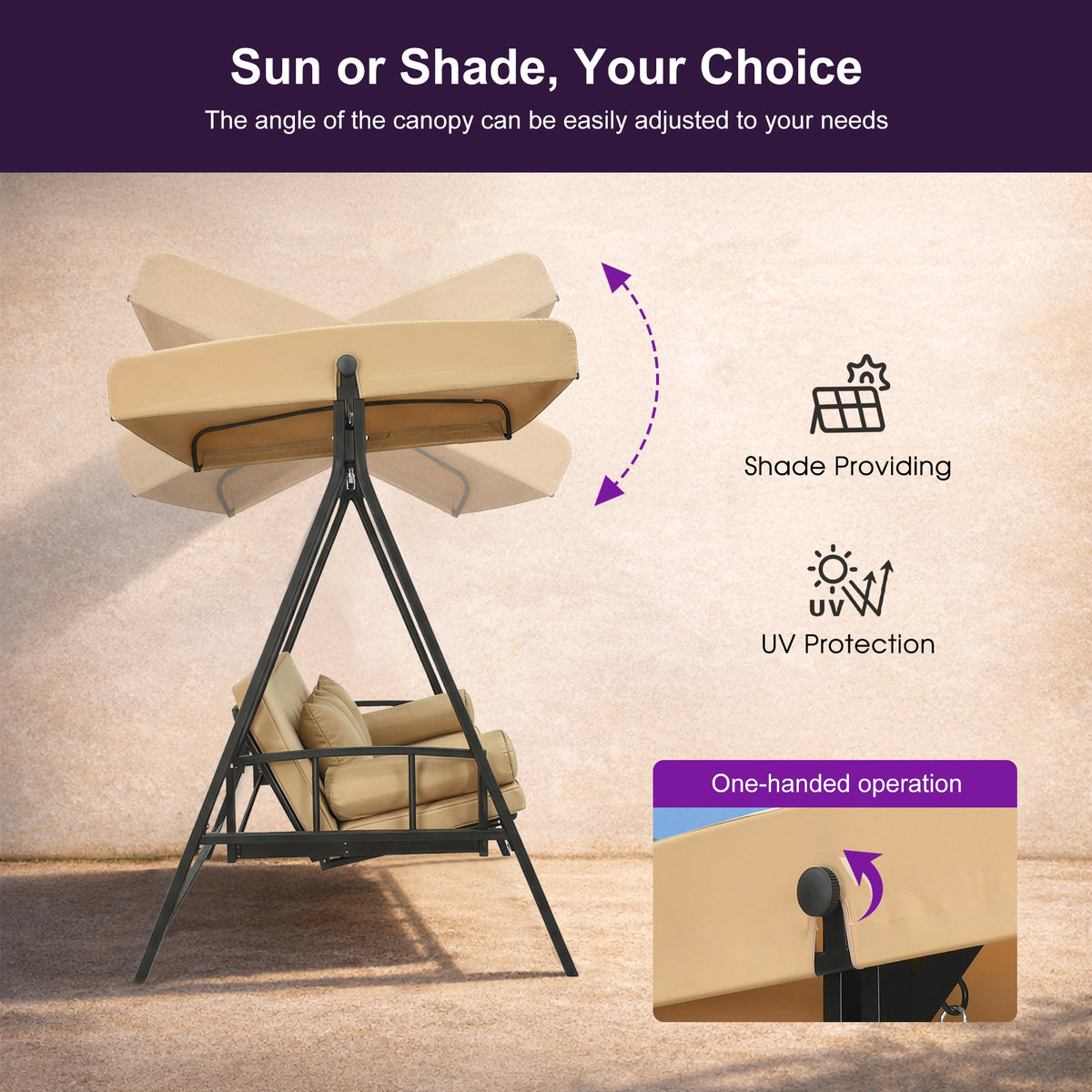 PURPLE LEAF Porch Swing with Adjustable Tilt Canopy Patio Swing with Stand and Meatl Steel Frame All-Weather Outdoor Swing Chair Seat Space-Saving for Backyard Garden Deck