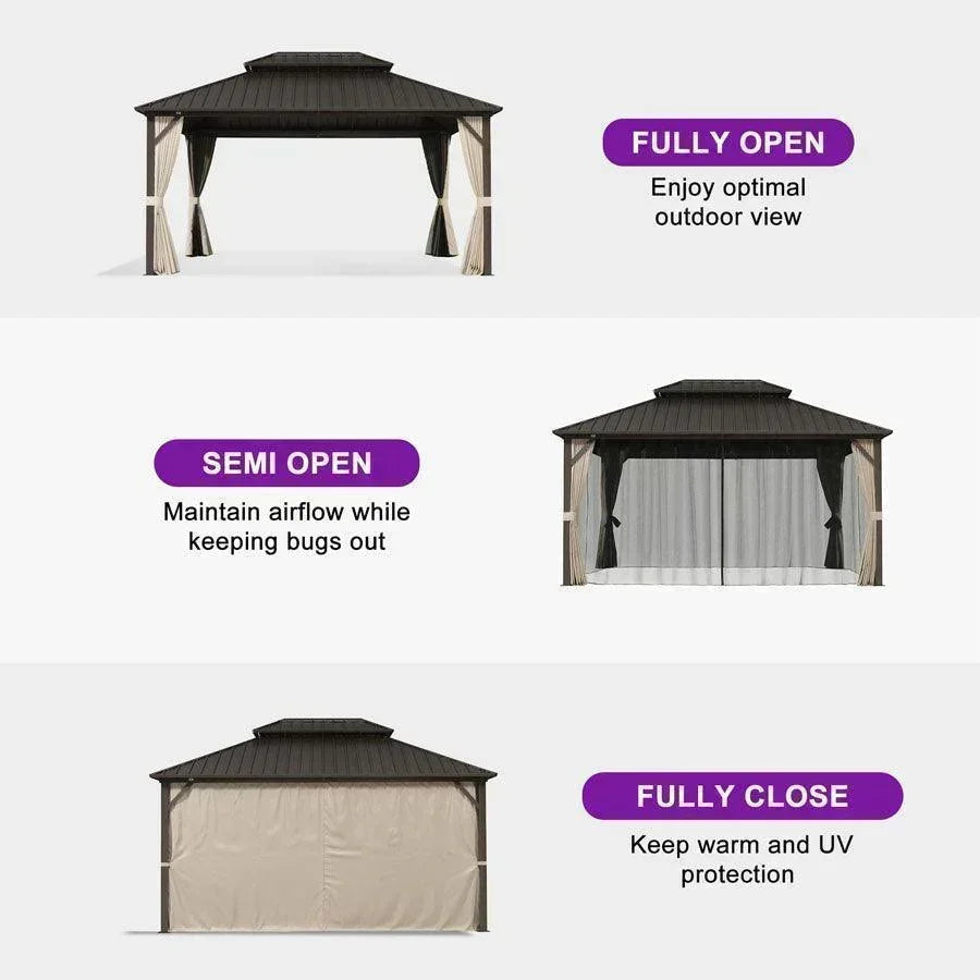 PURPLE LEAF Hardtop Gazebo Featuring Galvanized Steel Double Roof and Bronze Aluminum Frame with Curtains and Netting for Poolside with Lights-clear