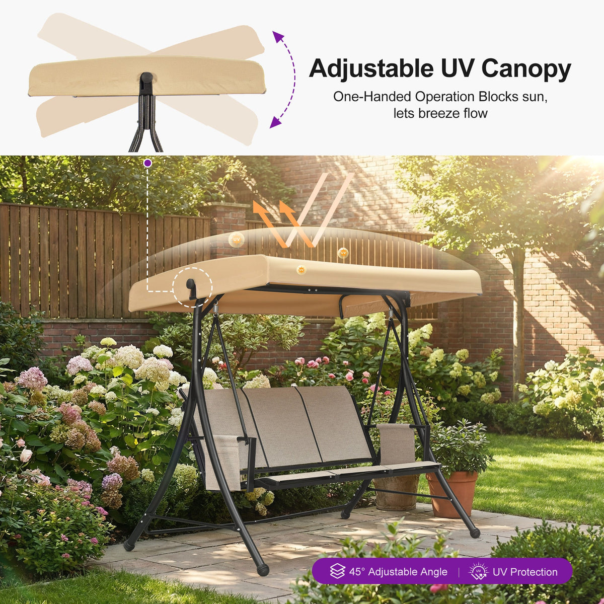 PURPLE LEAF Porch Swing with Adjustable Tilt Canopy Patio Swing with Stand and Meatl Steel Frame All-Weather Outdoor Swing Chair Seat Space-Saving for Backyard Garden Deck