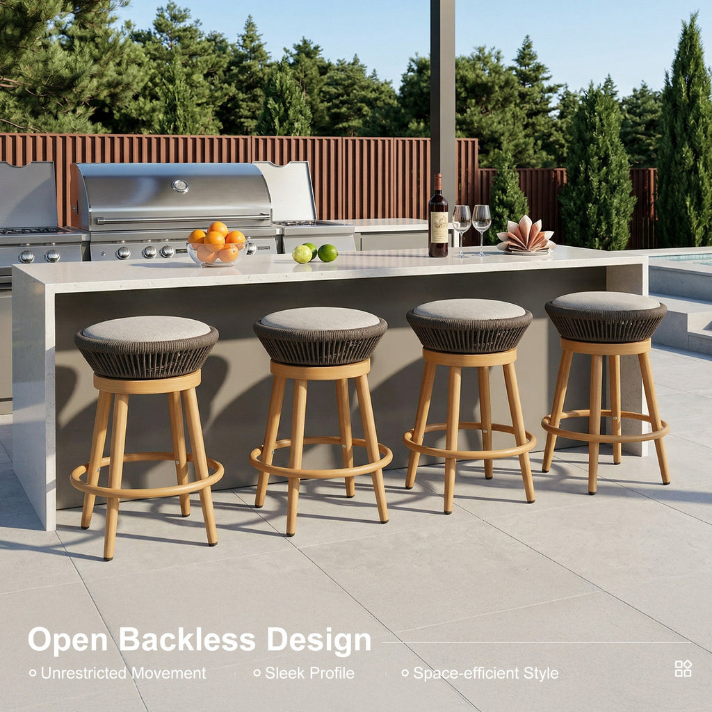 PURPLE LEAF Outdoor Swivel Bar Stools Set of 2 Metal Modern Rattan Bar Chairs with Backrest Aluminum Woven Barstools with Cushions