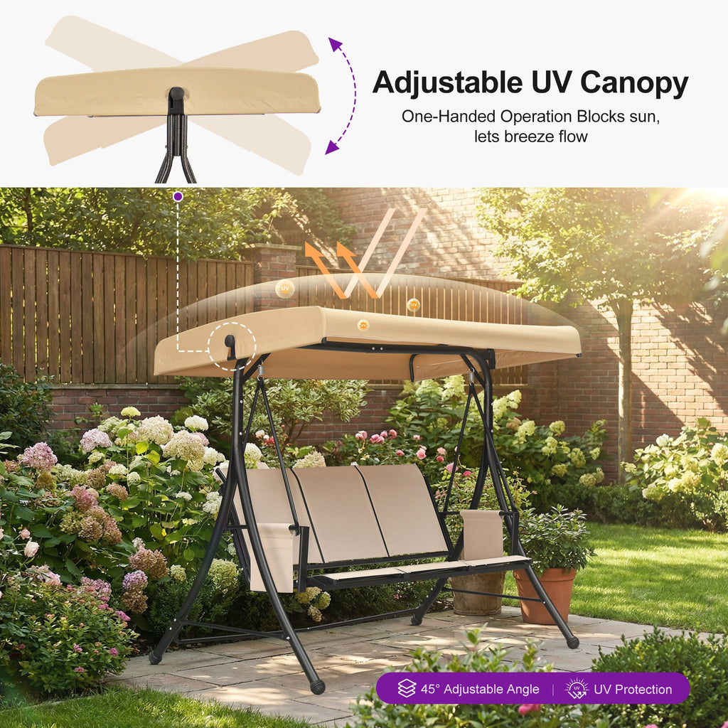 PURPLE LEAF Porch Swing with Adjustable Tilt Canopy Patio Swing with Stand and Meatl Steel Frame All-Weather Outdoor Swing Chair Seat Space-Saving for Backyard Garden Deck