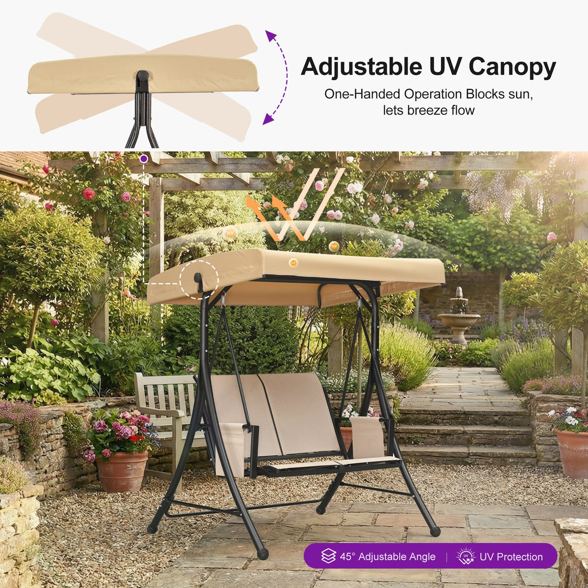 PURPLE LEAF Porch Swing with Adjustable Tilt Canopy Patio Swing with Stand and Meatl Steel Frame All-Weather Outdoor Swing Chair Seat Space-Saving for Backyard Garden Deck
